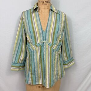 Ann Taylor Loft Womens Sz 14 V Neck Empire Waist 3/4 Sleeve Retro Green Blue Top